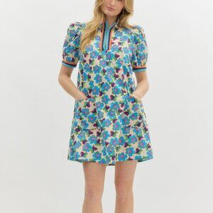 NWT Entro Floral Puff Sleeve Mini Dress With Contrast Trim and Pockets